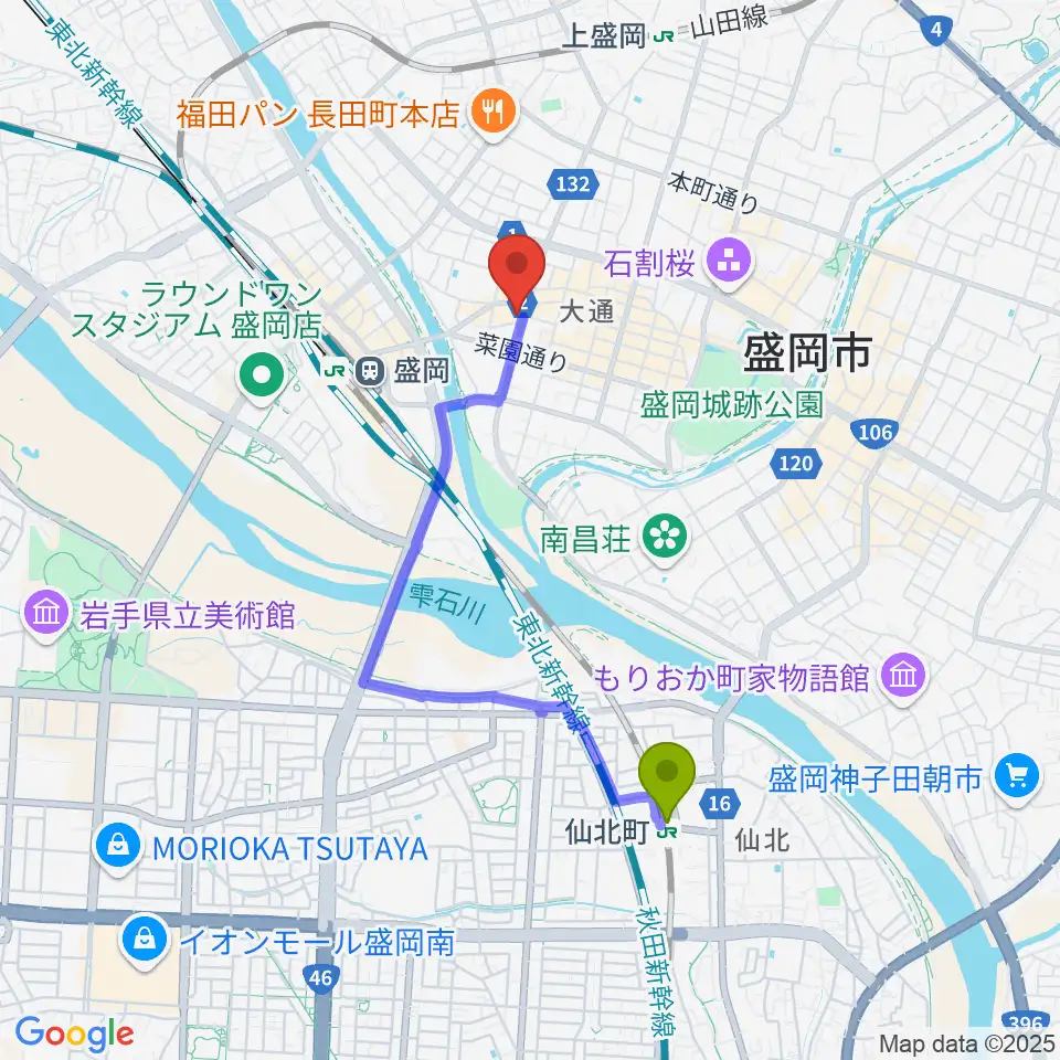 仙北町駅から東山堂クロステラスセンターへのルートマップ地図