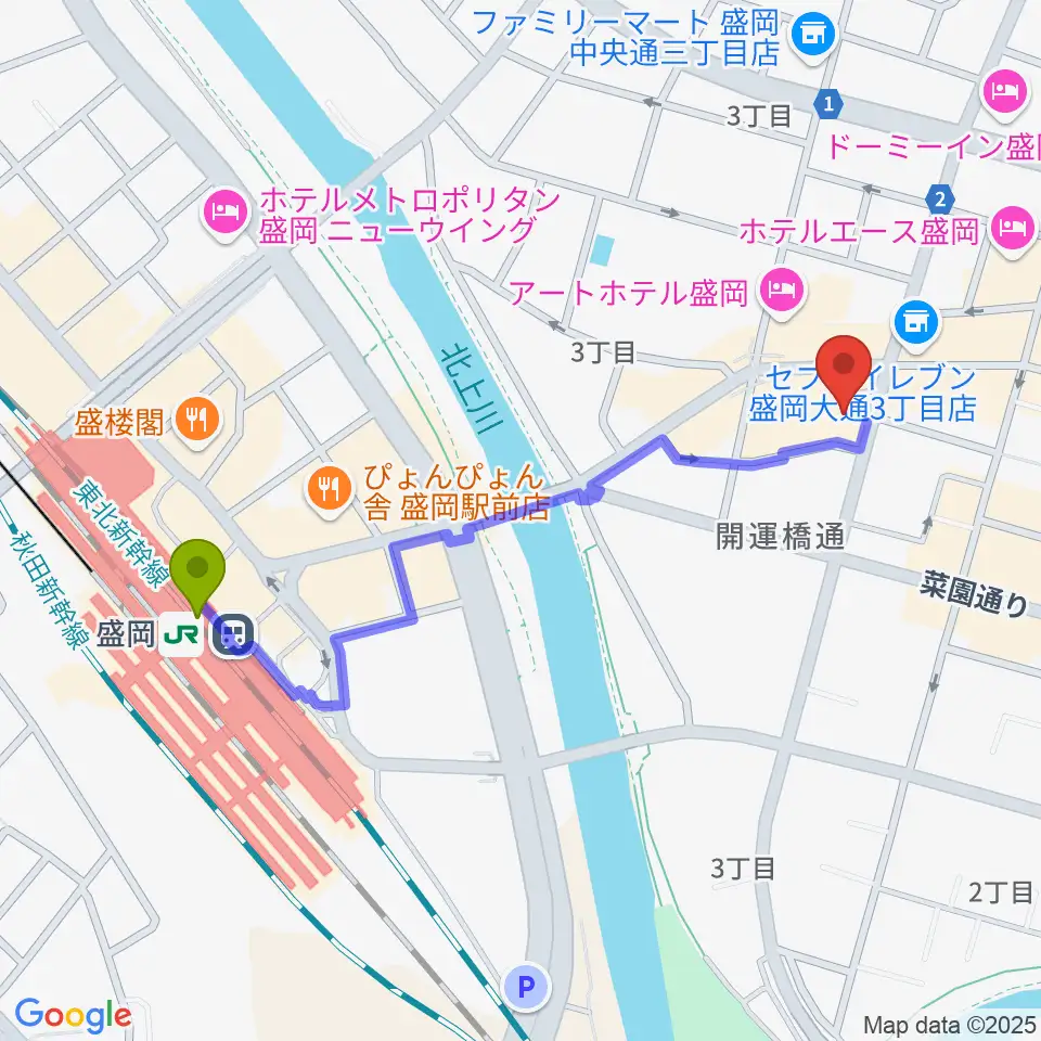 東山堂クロステラスセンターの最寄駅盛岡駅からの徒歩ルート（約10分）地図