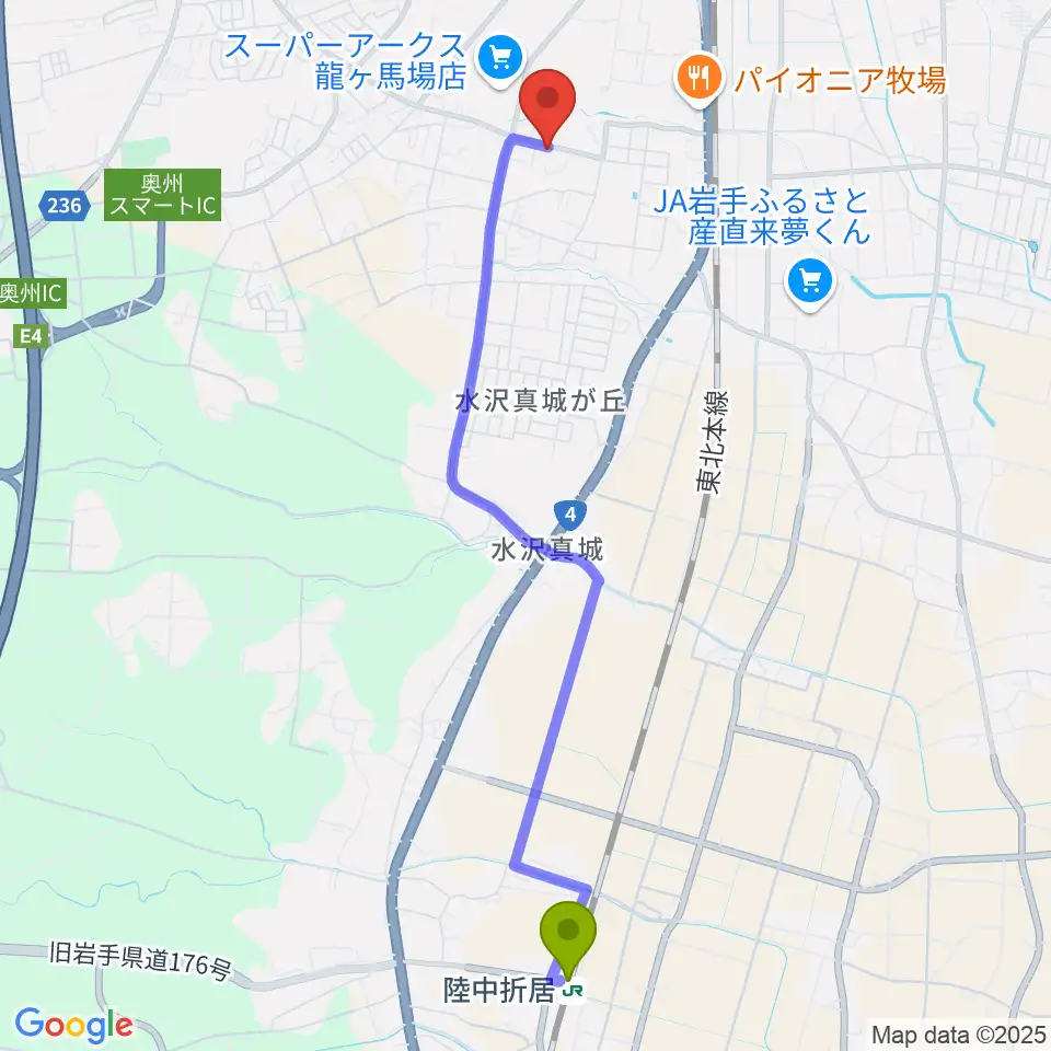 陸中折居駅から音楽の森ヴァースへのルートマップ地図