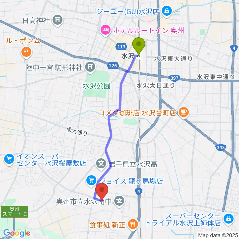 音楽の森ヴァースの最寄駅水沢駅からの徒歩ルート（約37分）地図