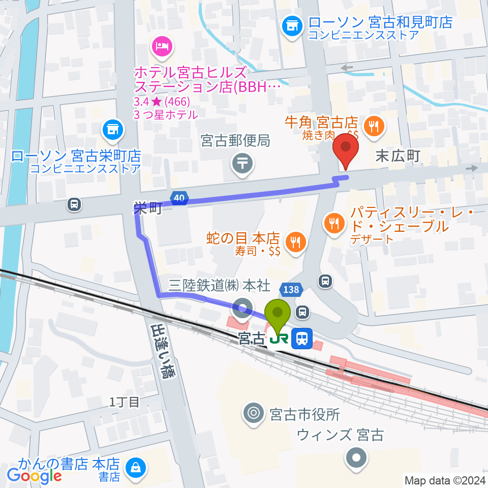 リラパークこなり小成楽器の最寄駅宮古駅からの徒歩ルート（約3分）地図