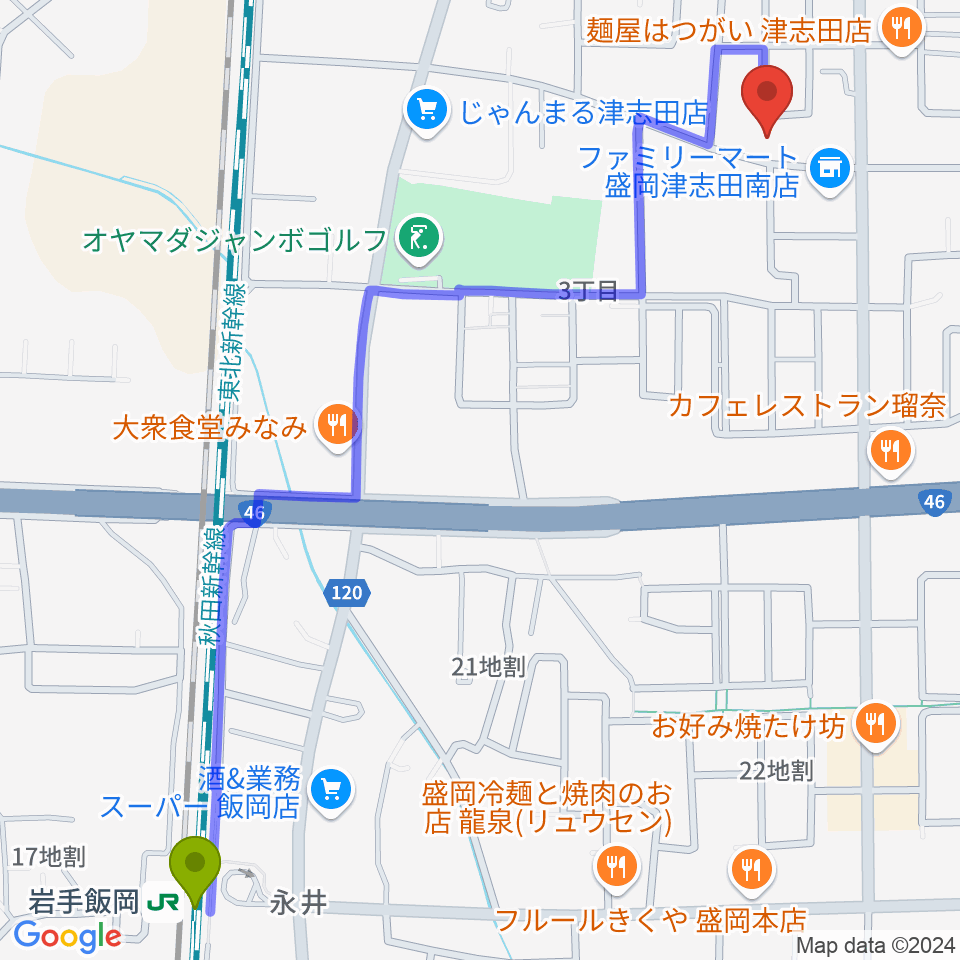 ランディア東山堂 津志田センターの最寄駅岩手飯岡駅からの徒歩ルート（約15分）地図