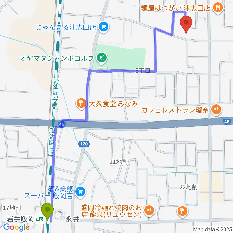 ランディア東山堂 津志田センターの最寄駅岩手飯岡駅からの徒歩ルート（約15分）地図