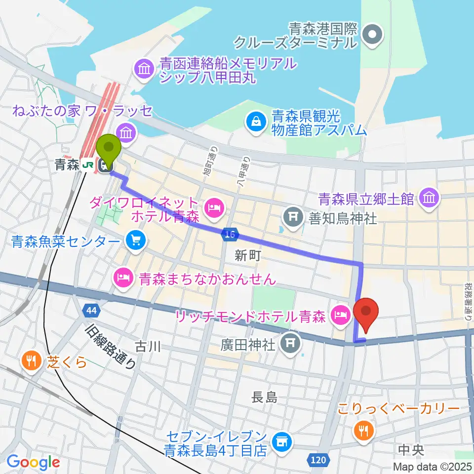 カワイ青森ショップの最寄駅青森駅からの徒歩ルート（約19分）地図