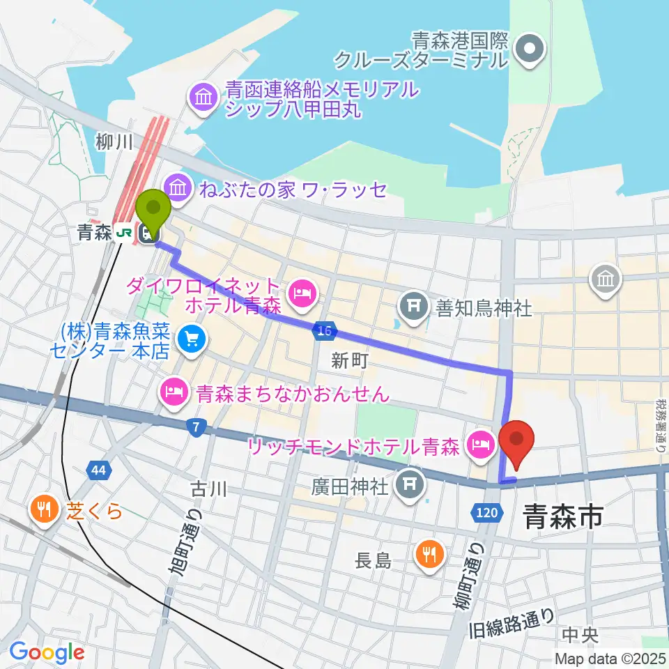 カワイ青森ショップの最寄駅青森駅からの徒歩ルート（約19分）地図