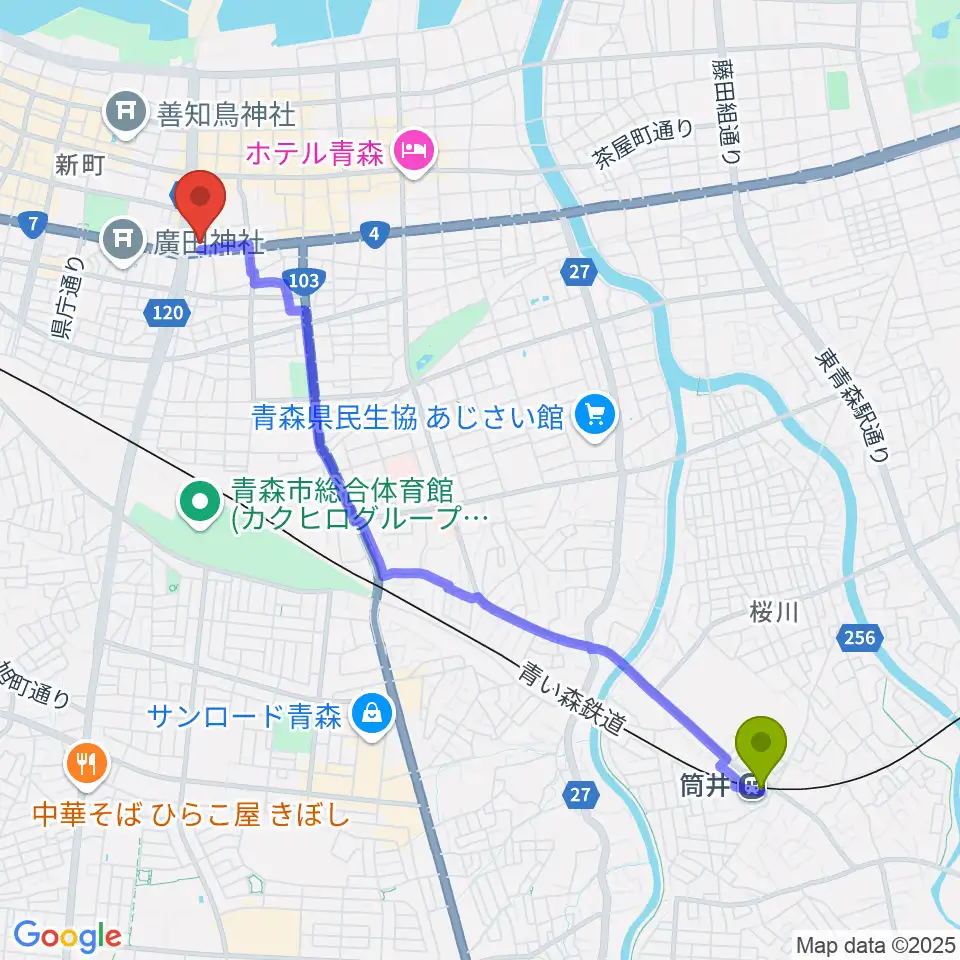 筒井駅からカワイ青森ショップへのルートマップ地図