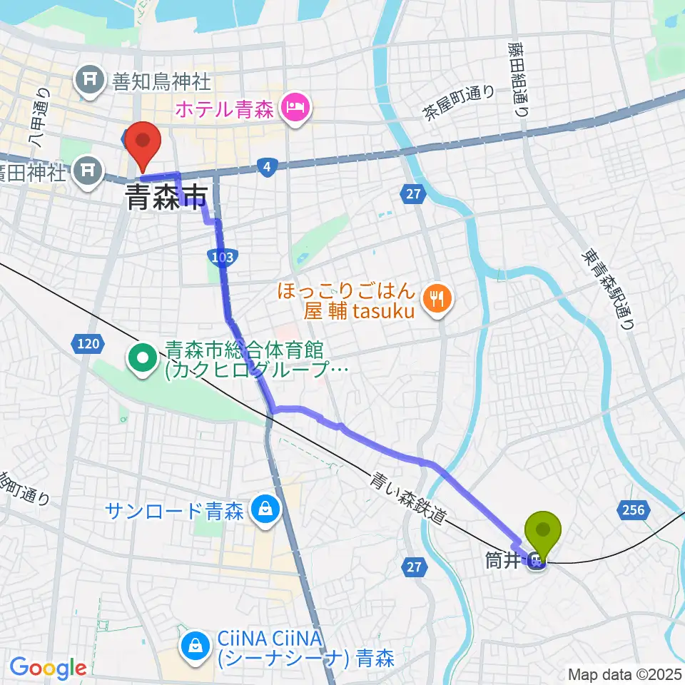 筒井駅からカワイ青森ショップへのルートマップ地図