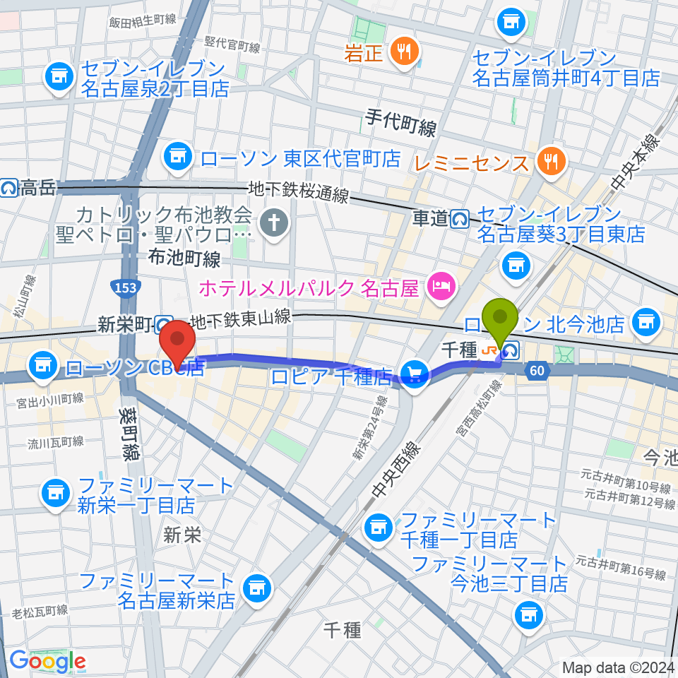 千種駅から新栄Live & Lounge Vioへのルートマップ地図