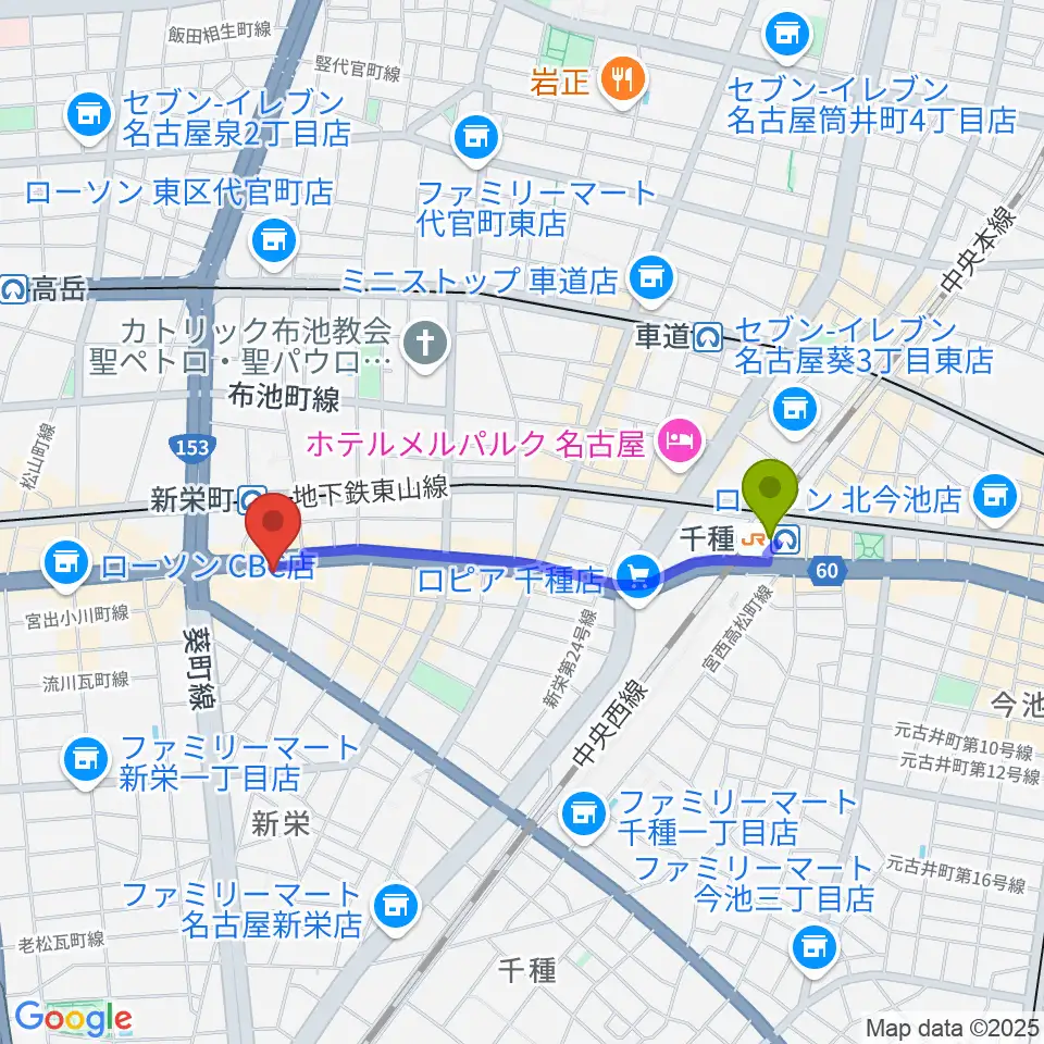 千種駅から新栄Live & Lounge Vioへのルートマップ地図