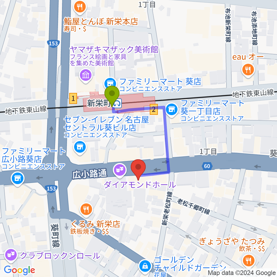 新栄Live & Lounge Vioの最寄駅新栄町駅からの徒歩ルート（約2分）地図