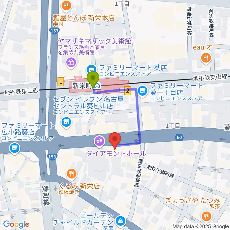 新栄Live & Lounge Vioの最寄駅新栄町駅からの徒歩ルート（約2分）地図