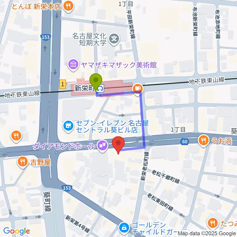 新栄Live & Lounge Vioの最寄駅新栄町駅からの徒歩ルート（約2分）地図