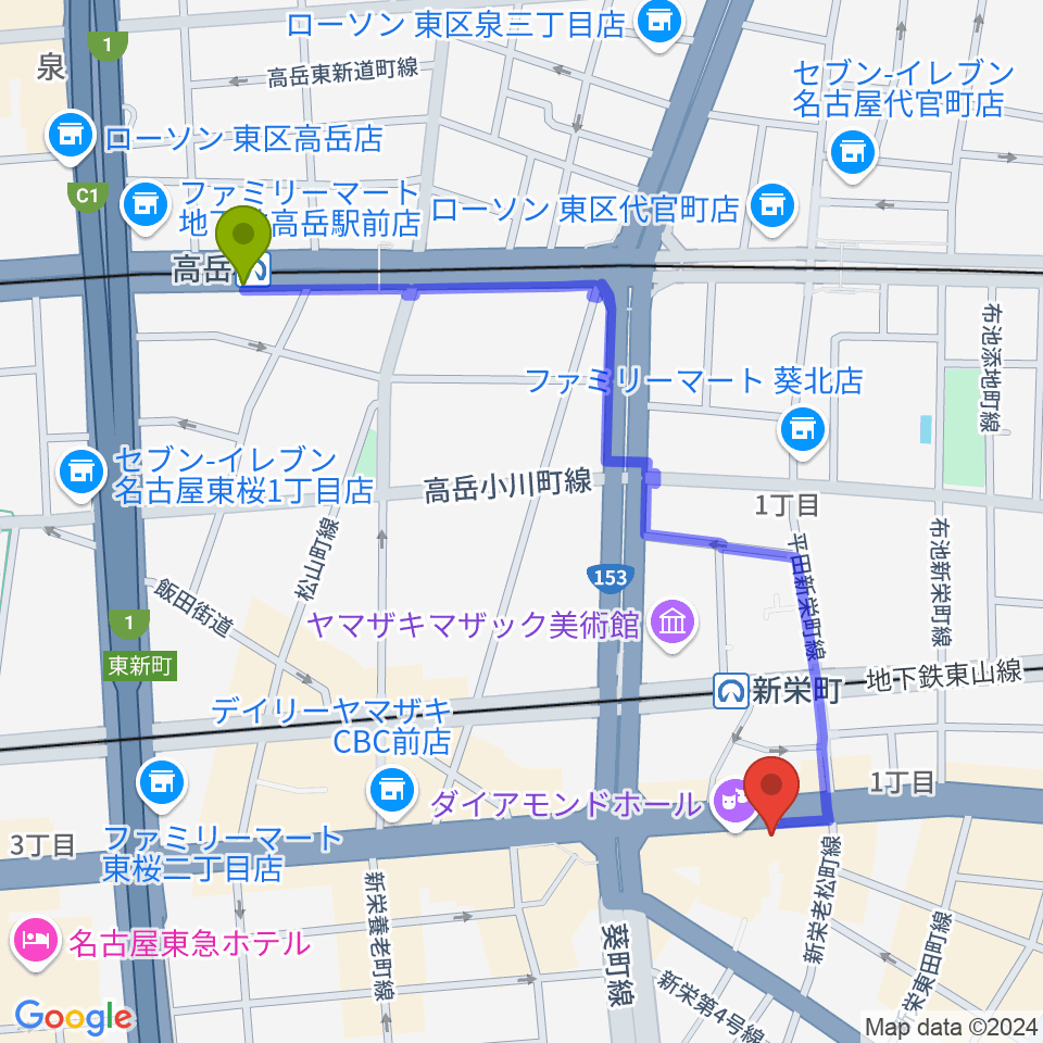 高岳駅から新栄Live & Lounge Vioへのルートマップ地図