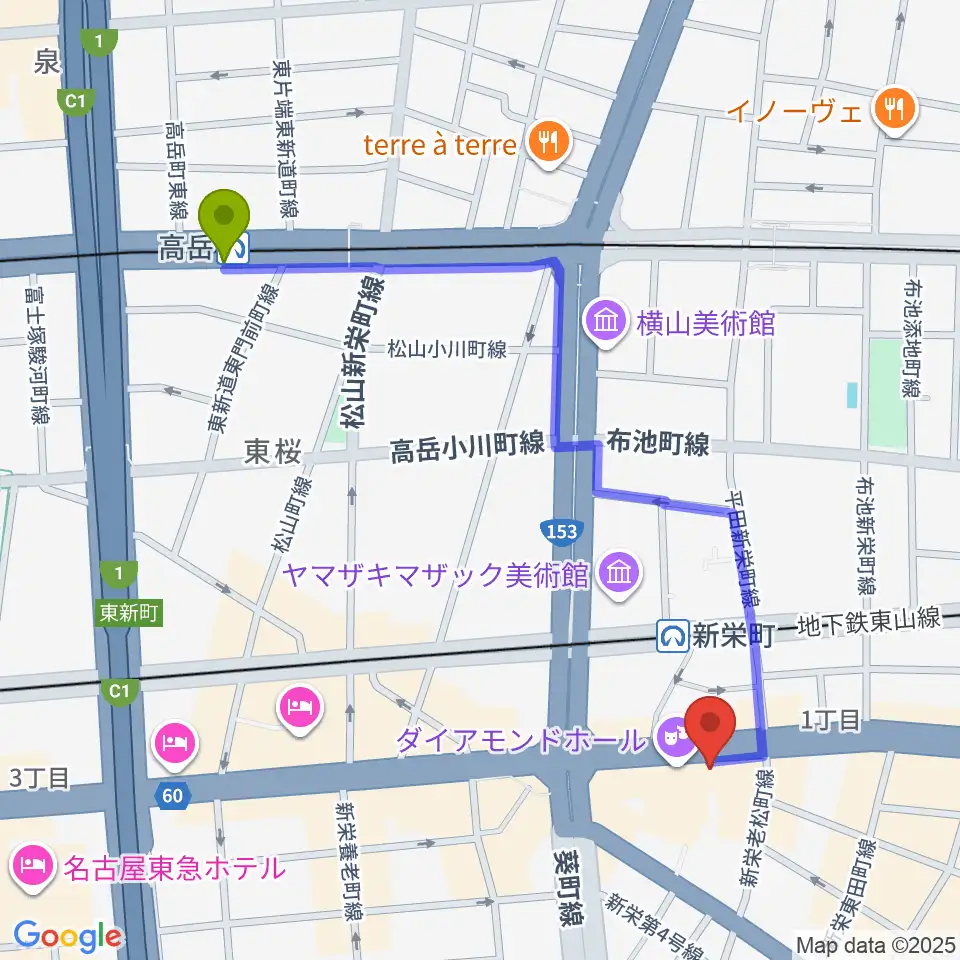 高岳駅から新栄Live & Lounge Vioへのルートマップ地図