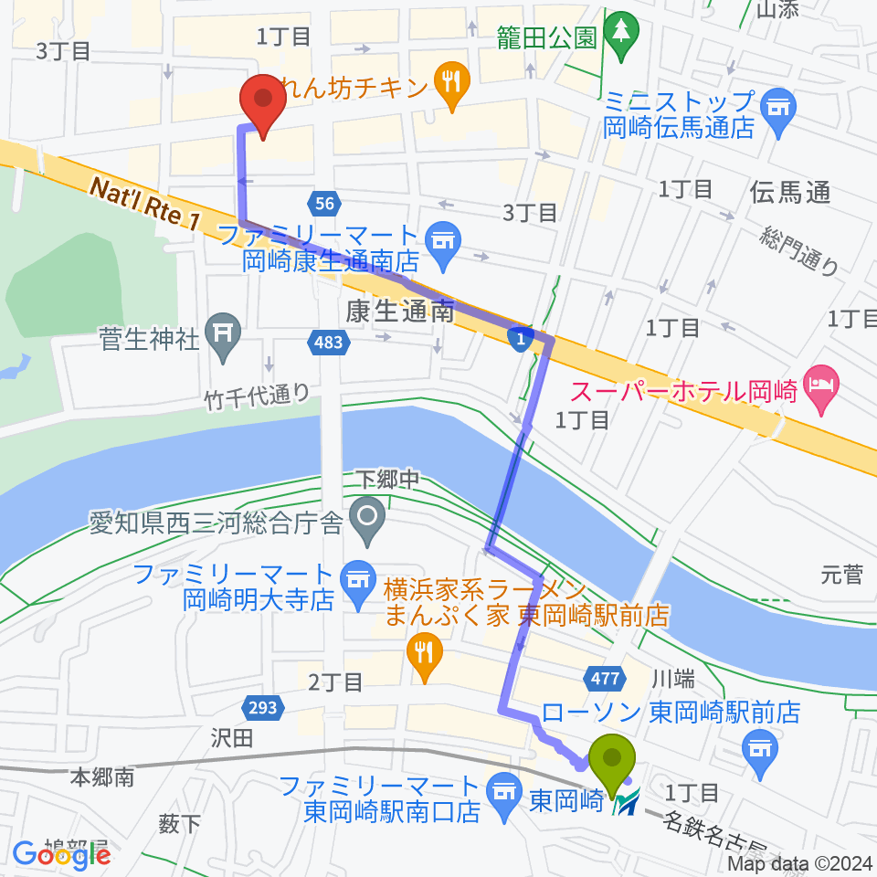 ひかりのラウンジの最寄駅東岡崎駅からの徒歩ルート（約13分）地図