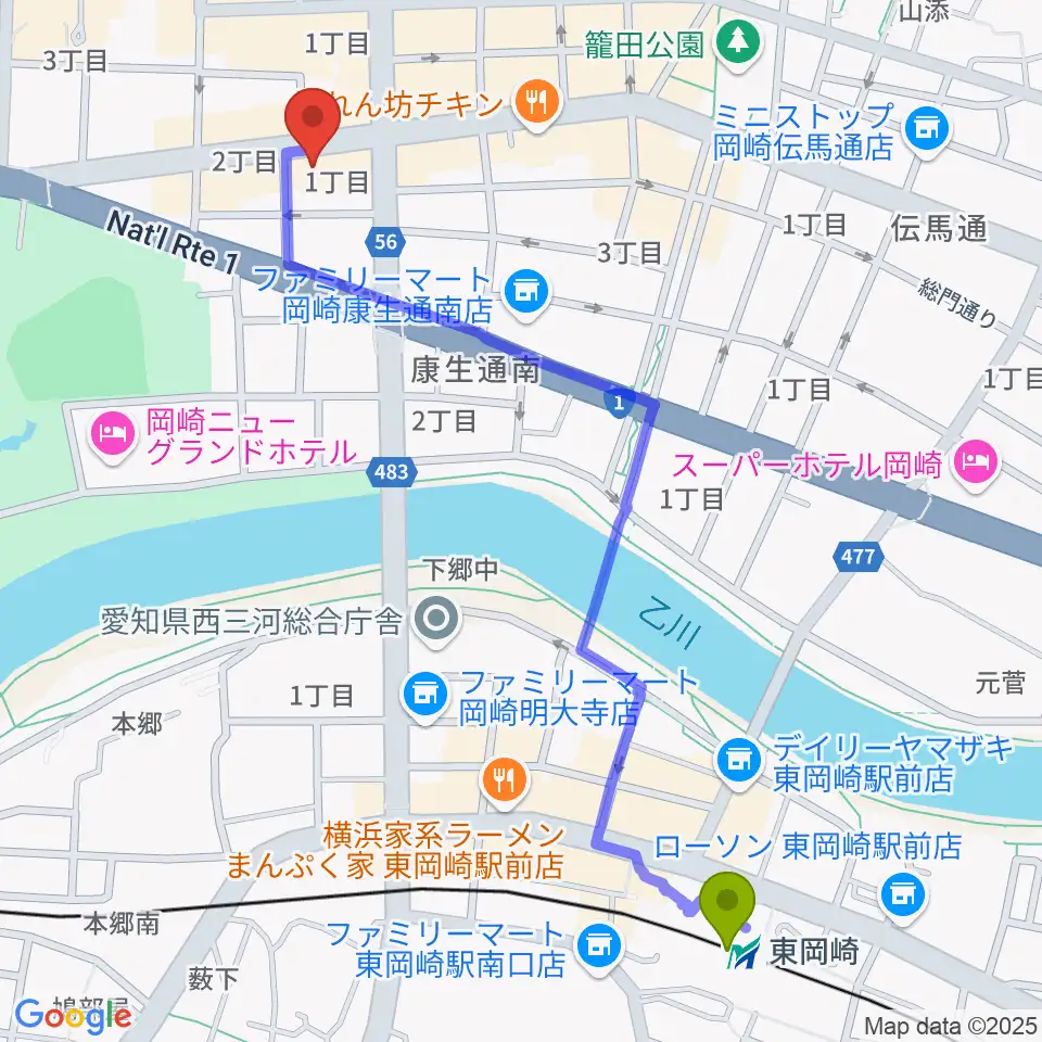 ひかりのラウンジの最寄駅東岡崎駅からの徒歩ルート（約13分）地図