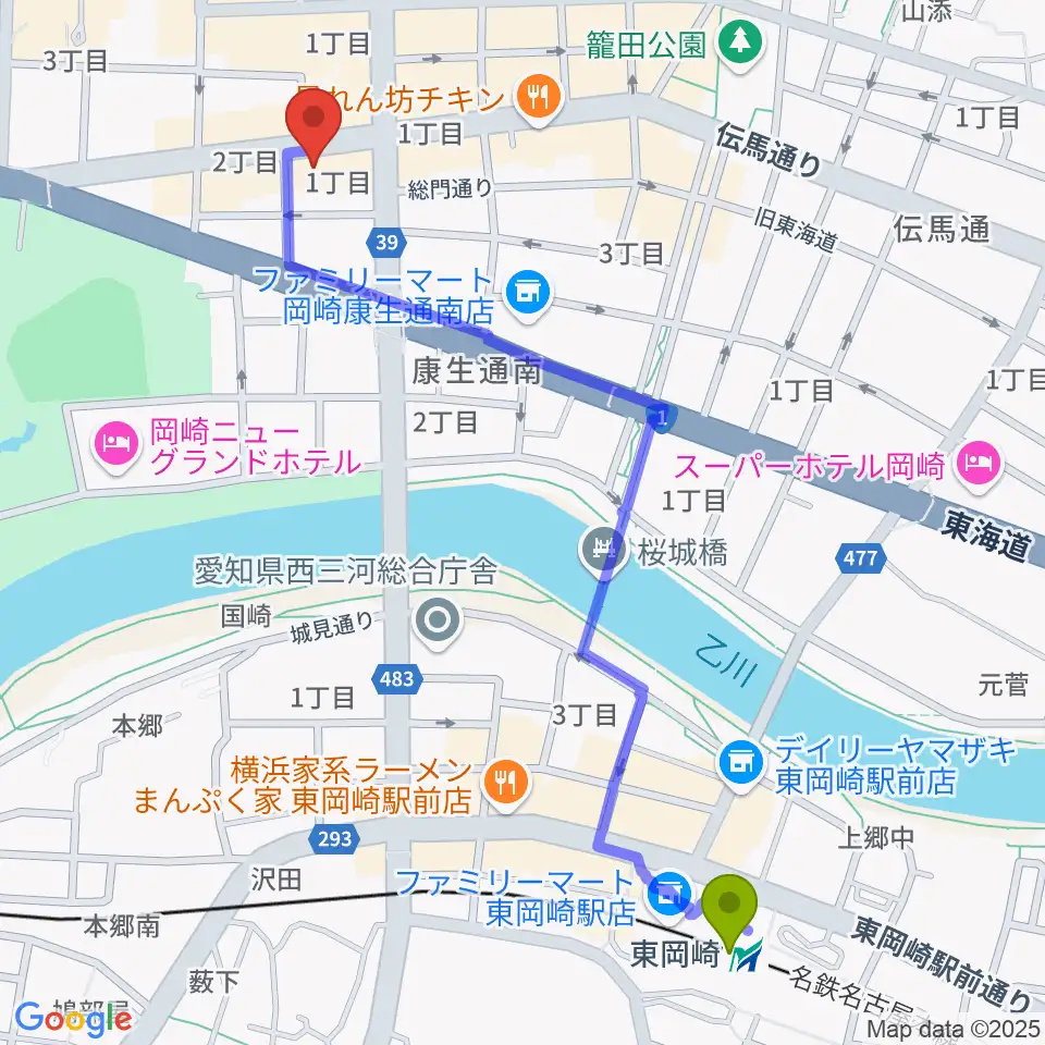 ひかりのラウンジの最寄駅東岡崎駅からの徒歩ルート（約13分）地図