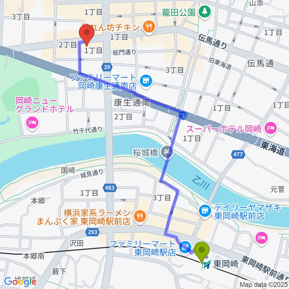 ひかりのラウンジの最寄駅東岡崎駅からの徒歩ルート（約13分）地図