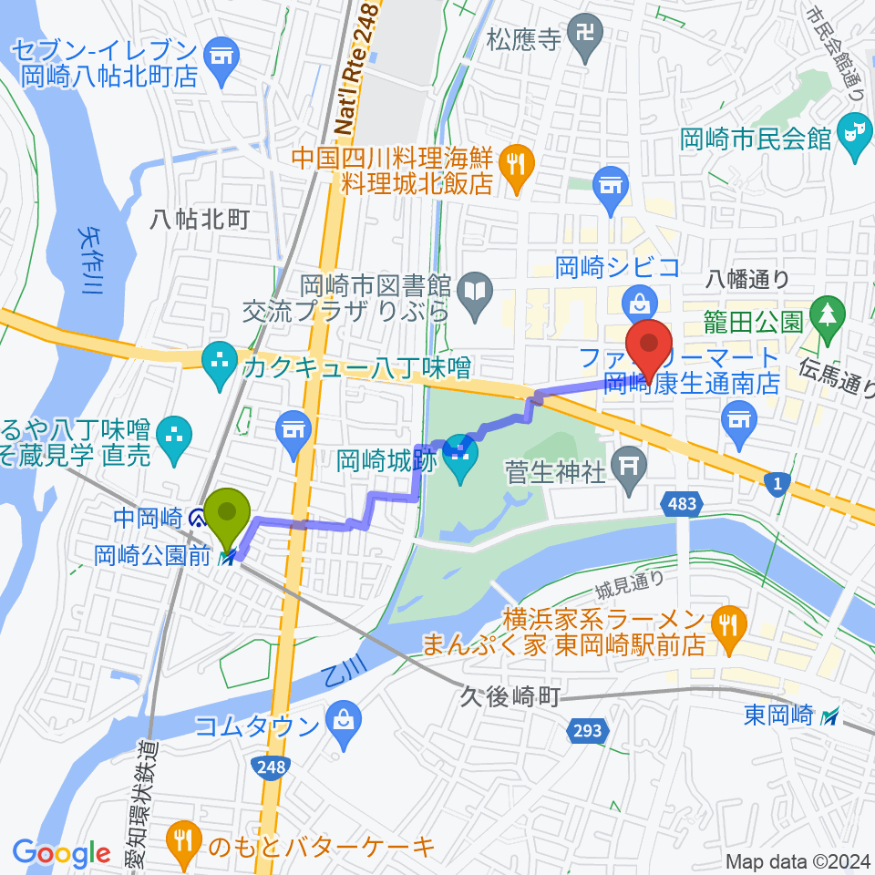 岡崎公園前駅からひかりのラウンジへのルートマップ地図