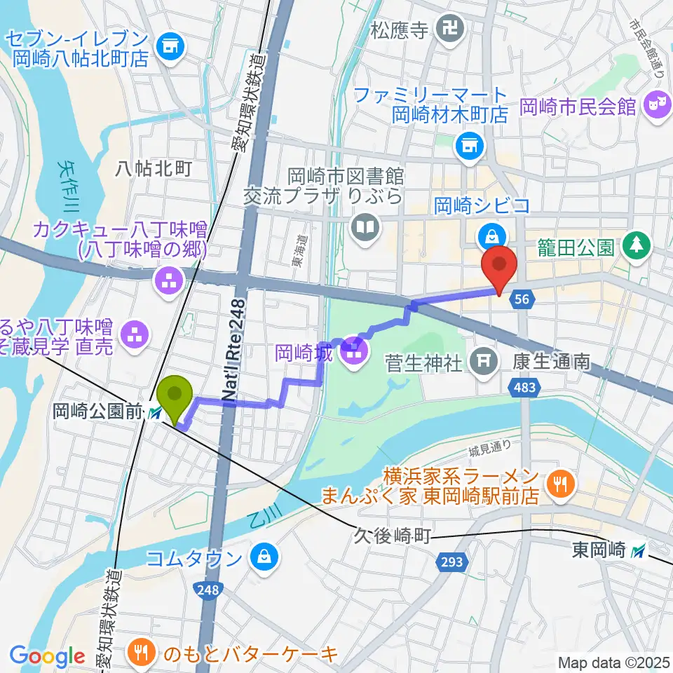 岡崎公園前駅からひかりのラウンジへのルートマップ地図