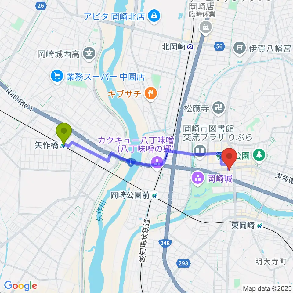 矢作橋駅からひかりのラウンジへのルートマップ地図