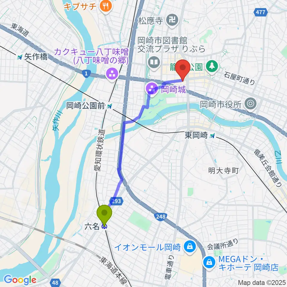 六名駅からひかりのラウンジへのルートマップ地図