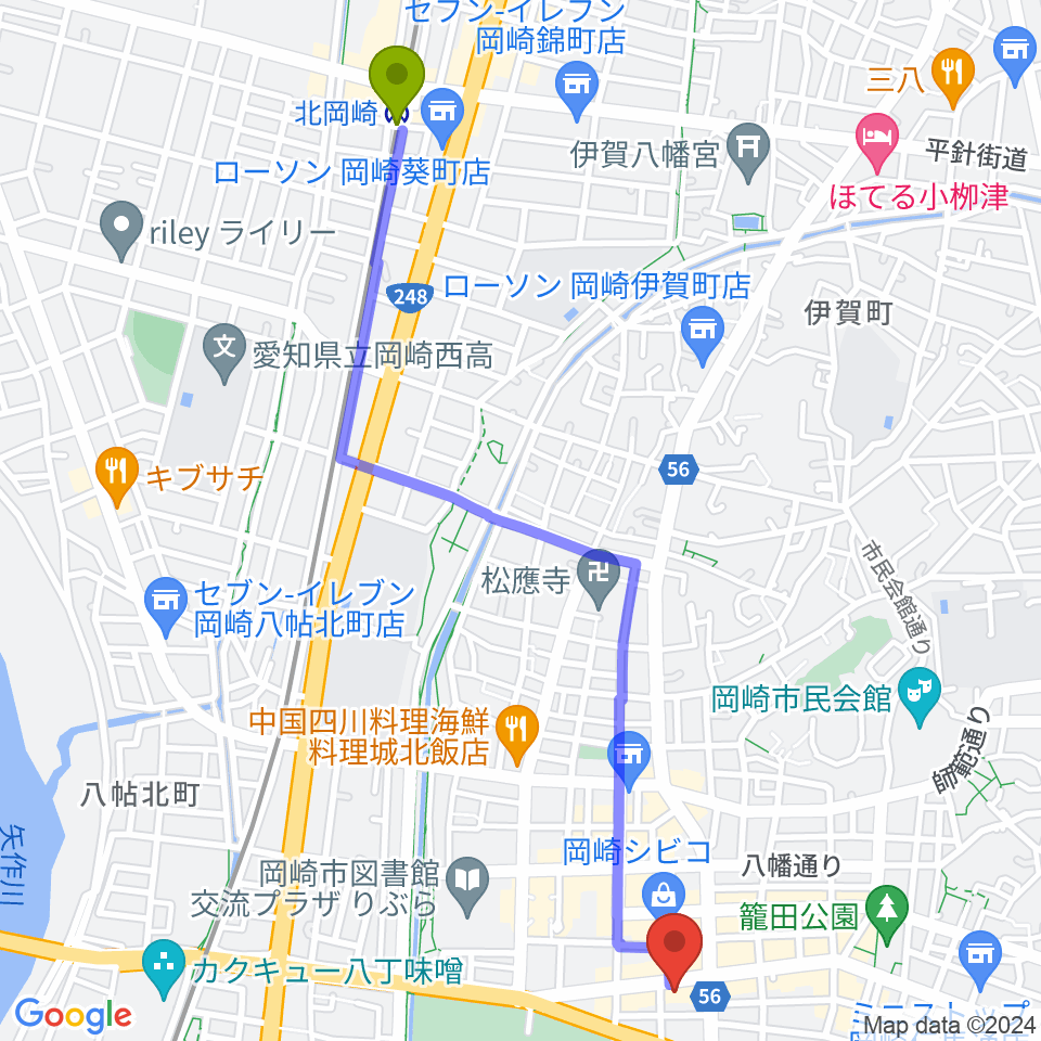 北岡崎駅からひかりのラウンジへのルートマップ地図