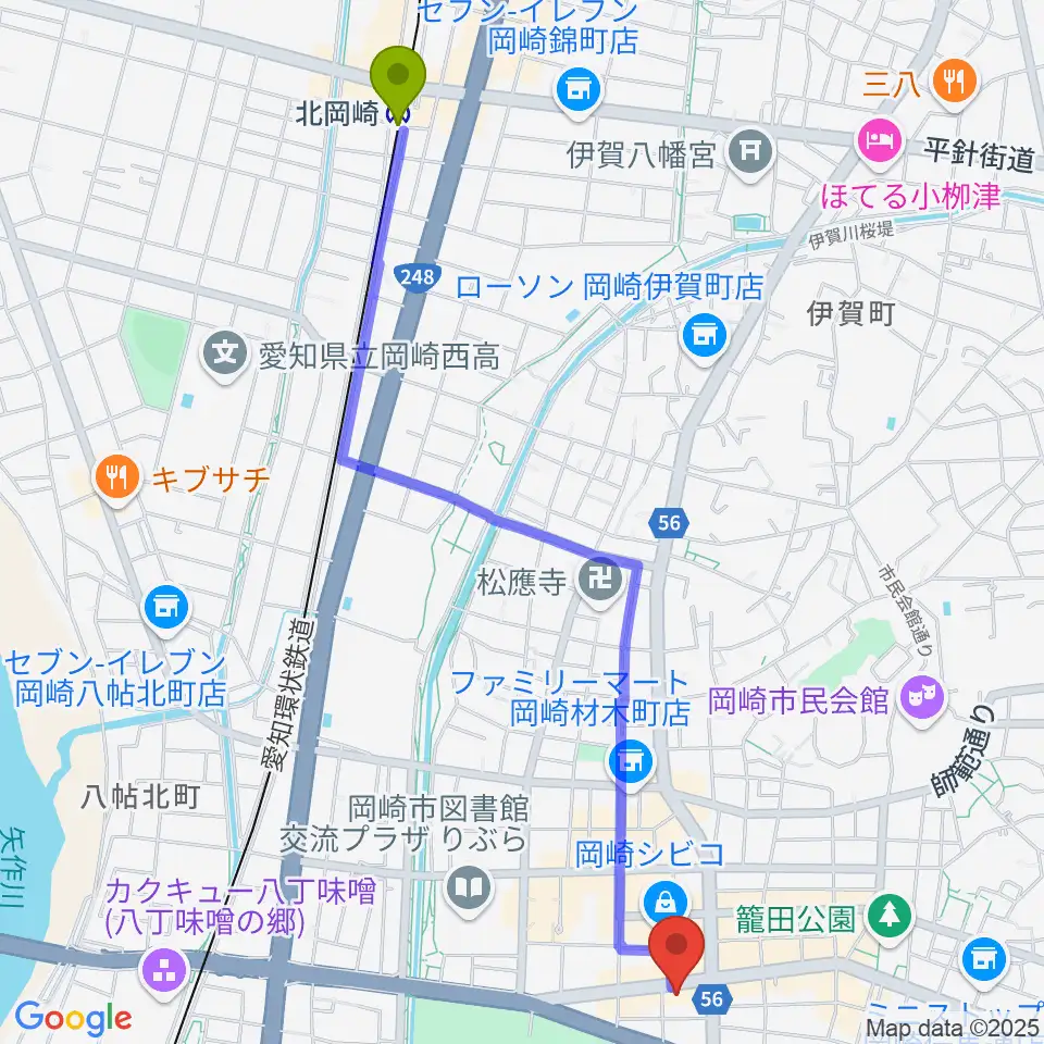 北岡崎駅からひかりのラウンジへのルートマップ地図