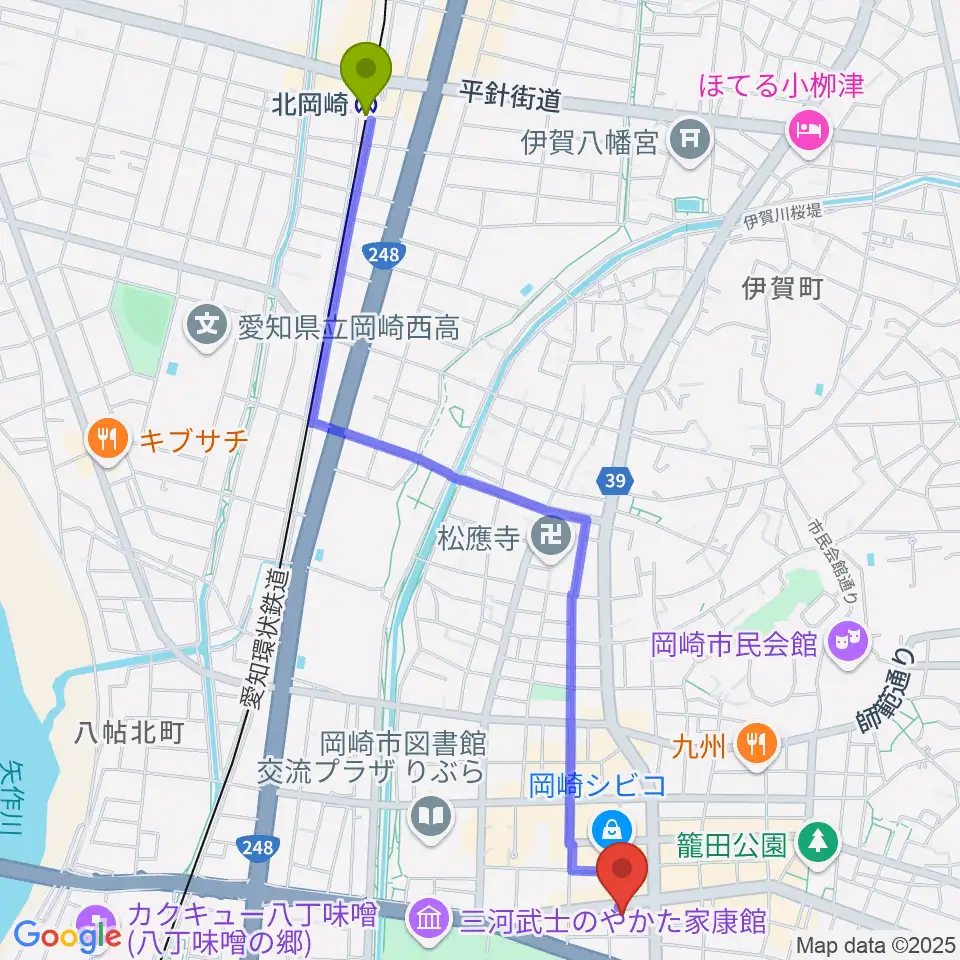 北岡崎駅からひかりのラウンジへのルートマップ地図