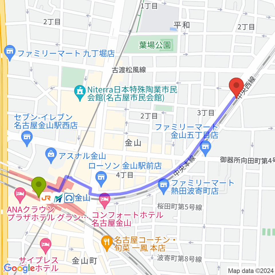 金山駅から金山CLUB SARUへのルートマップ地図