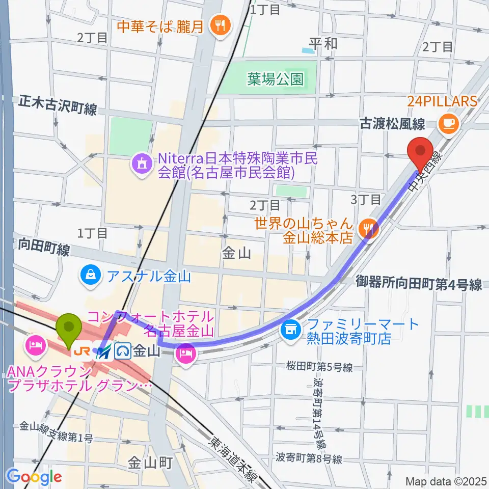 金山駅から金山CLUB SARUへのルートマップ地図