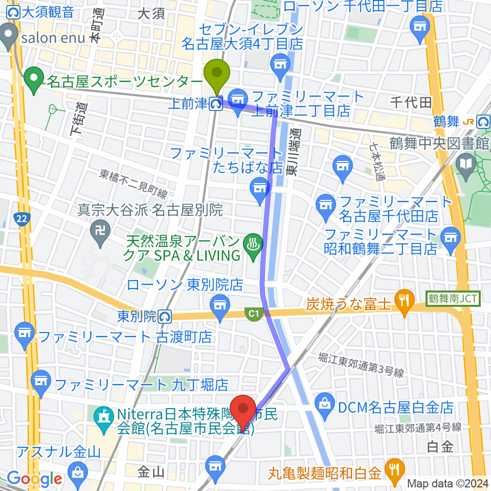 上前津駅から金山CLUB SARUへのルートマップ地図