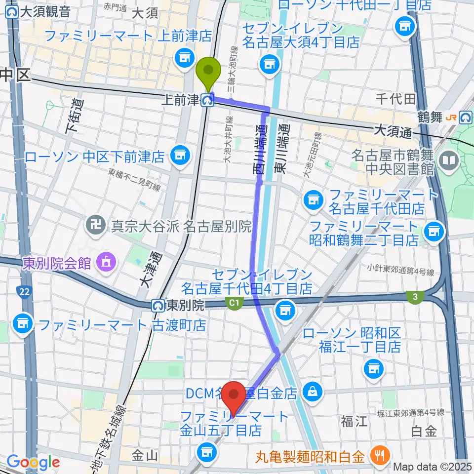 上前津駅から金山CLUB SARUへのルートマップ地図