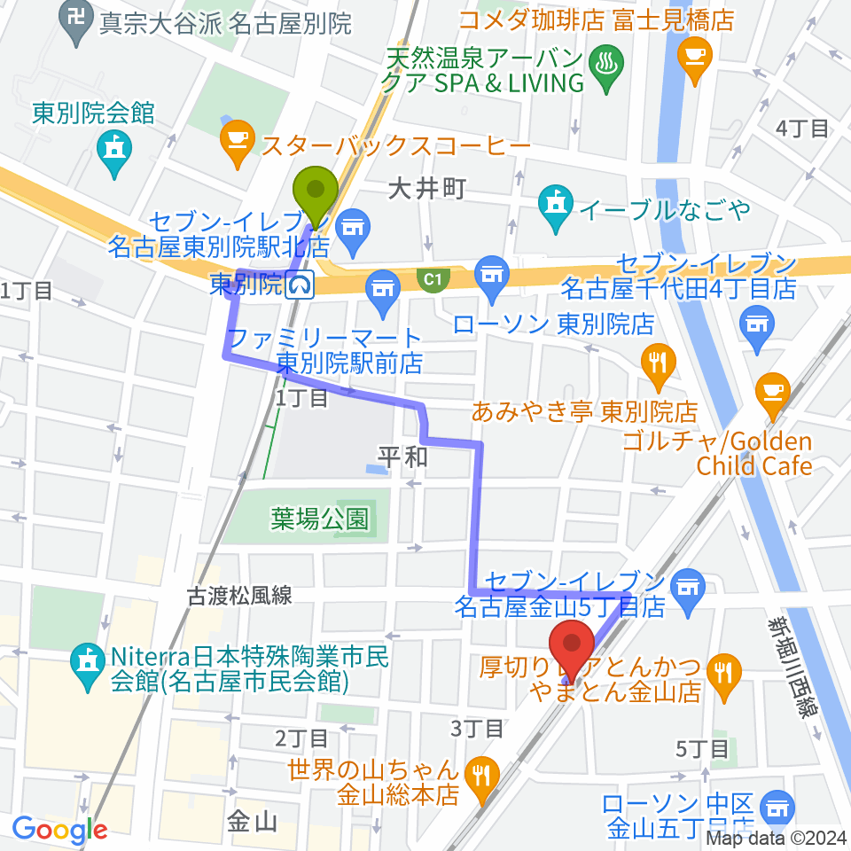 金山CLUB SARUの最寄駅東別院駅からの徒歩ルート（約10分）地図