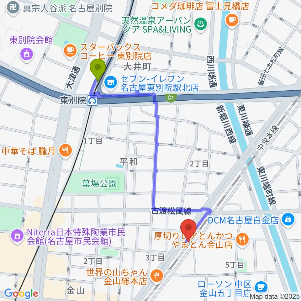 金山CLUB SARUの最寄駅東別院駅からの徒歩ルート（約10分）地図