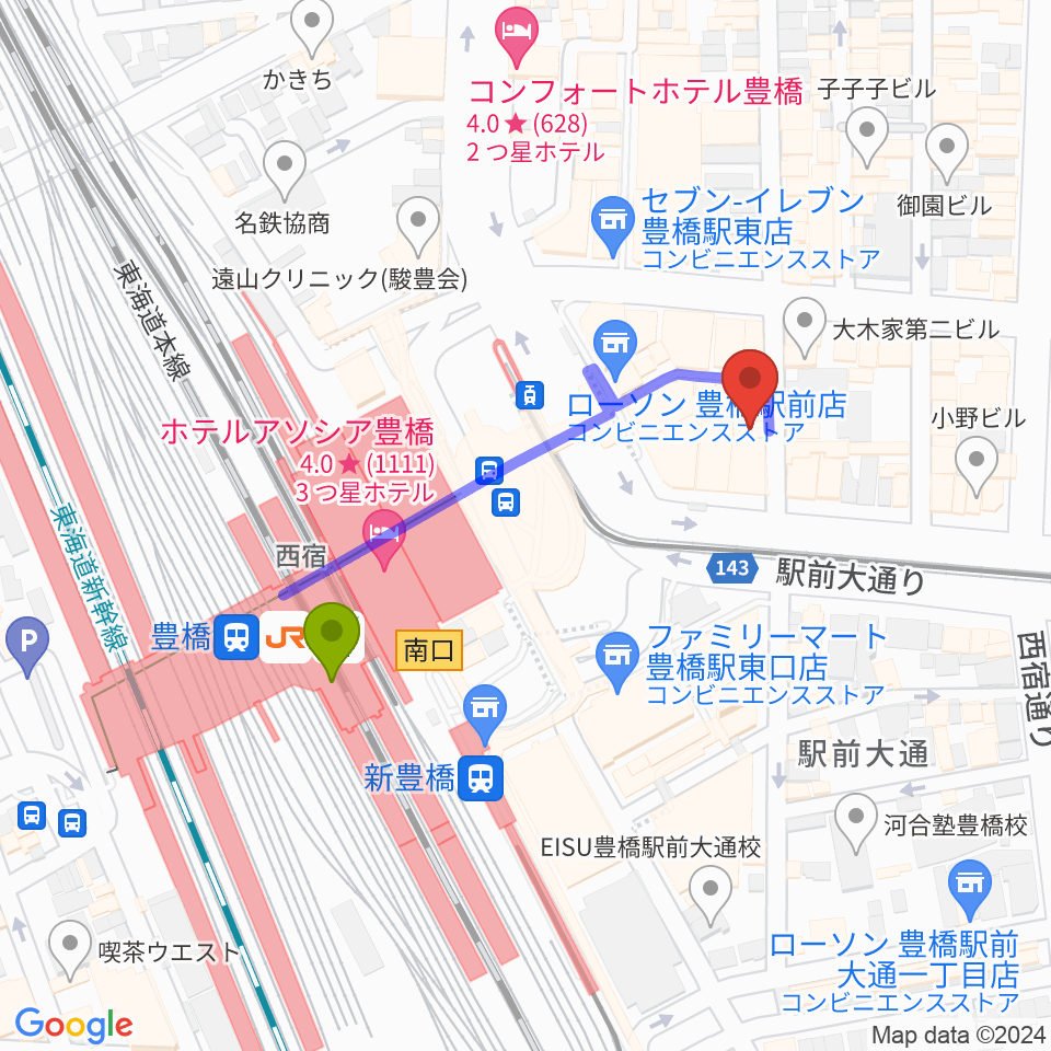 豊橋駅から豊橋club KNOTへのルートマップ地図