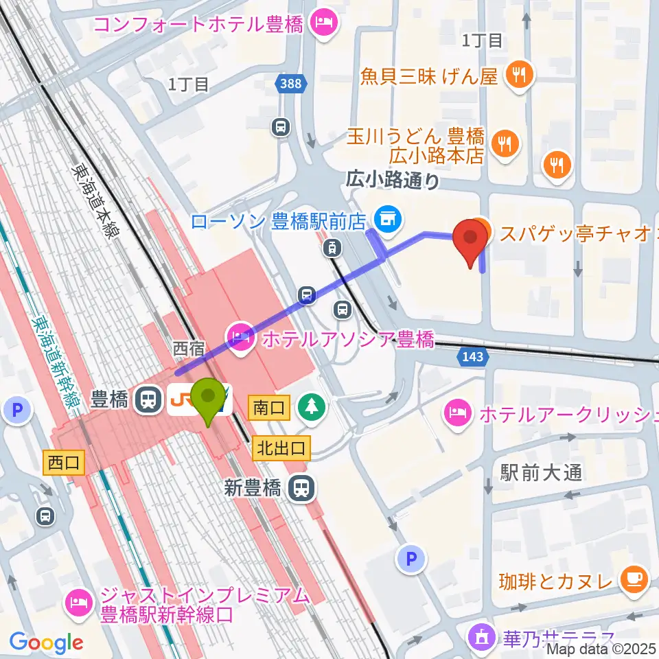 豊橋駅から豊橋club KNOTへのルートマップ地図