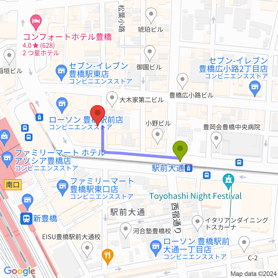 豊橋club KNOTの最寄駅駅前大通駅からの徒歩ルート（約3分）地図