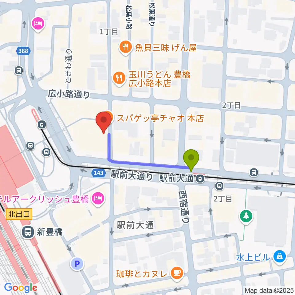 豊橋club KNOTの最寄駅駅前大通駅からの徒歩ルート（約3分）地図