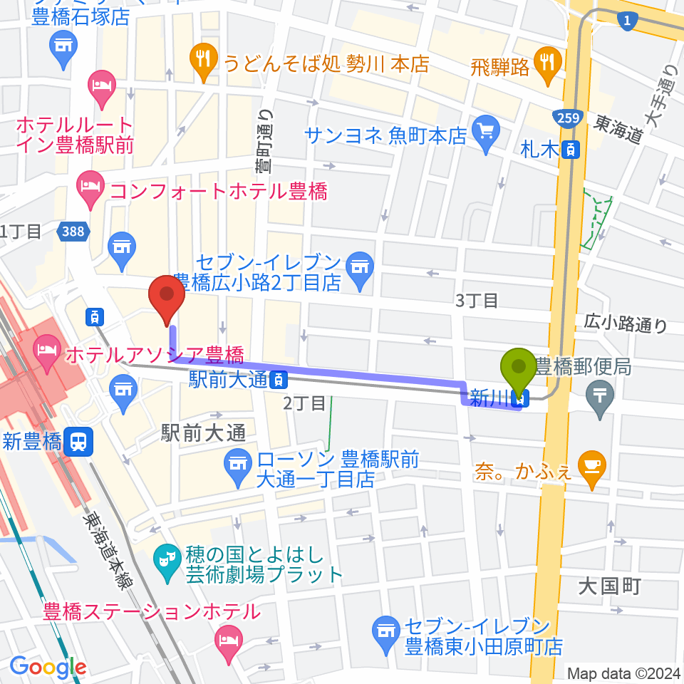 新川駅から豊橋club KNOTへのルートマップ地図