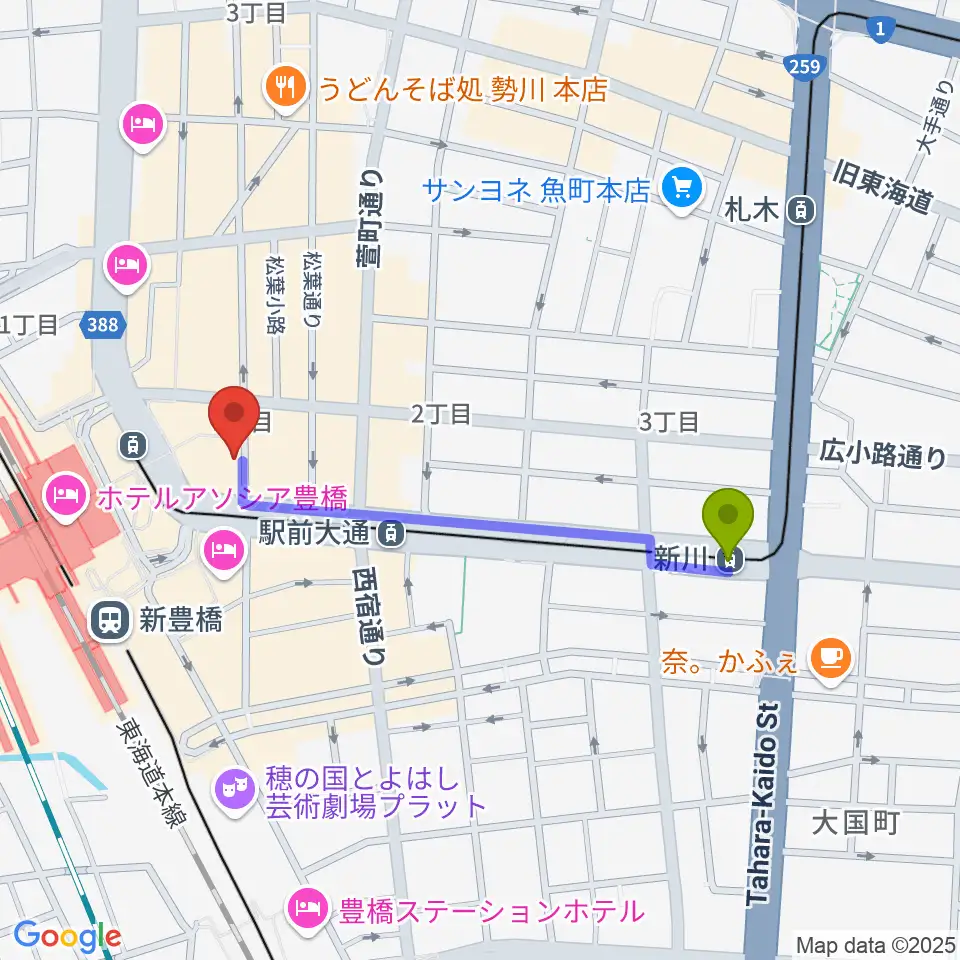 新川駅から豊橋club KNOTへのルートマップ地図