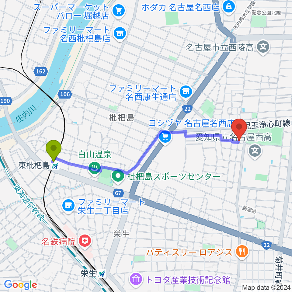 東枇杷島駅からスタジオ・リリタへのルートマップ地図