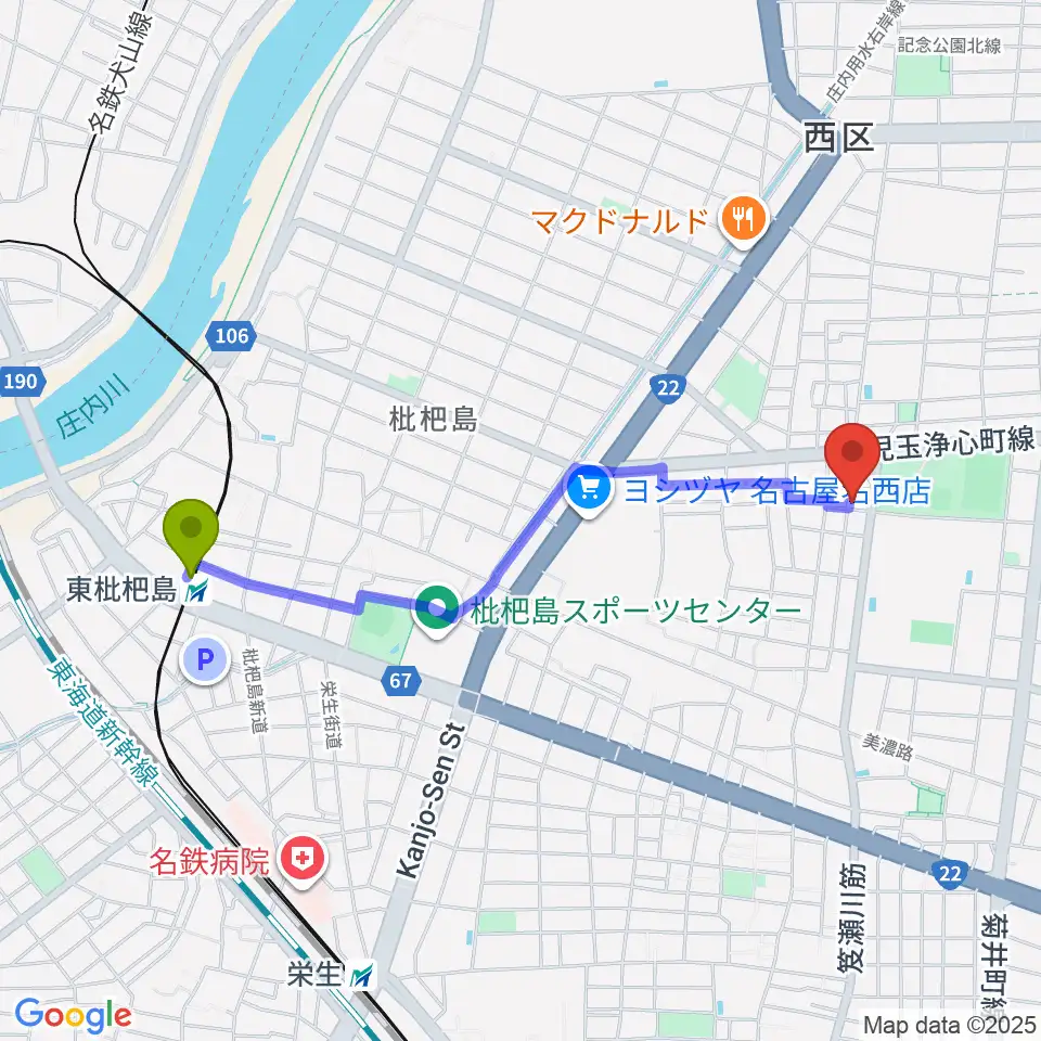 東枇杷島駅からスタジオ・リリタへのルートマップ地図