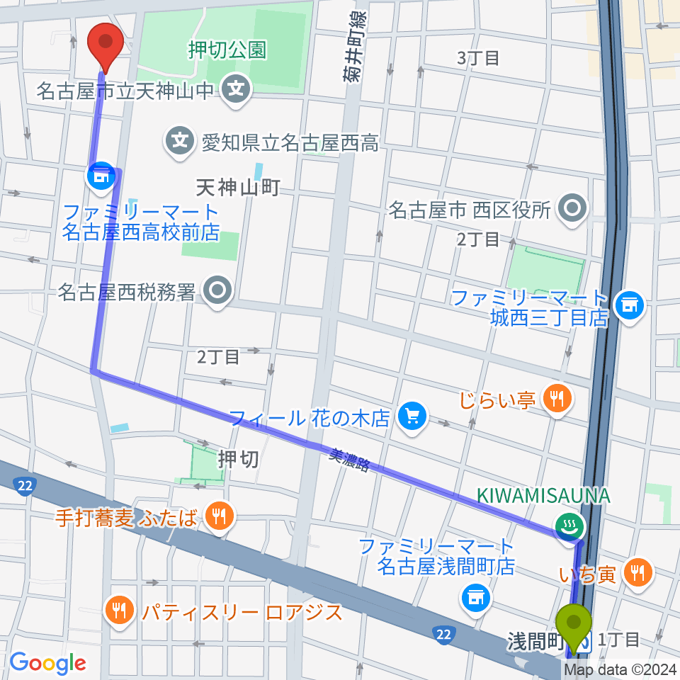 浅間町駅からスタジオ・リリタへのルートマップ地図