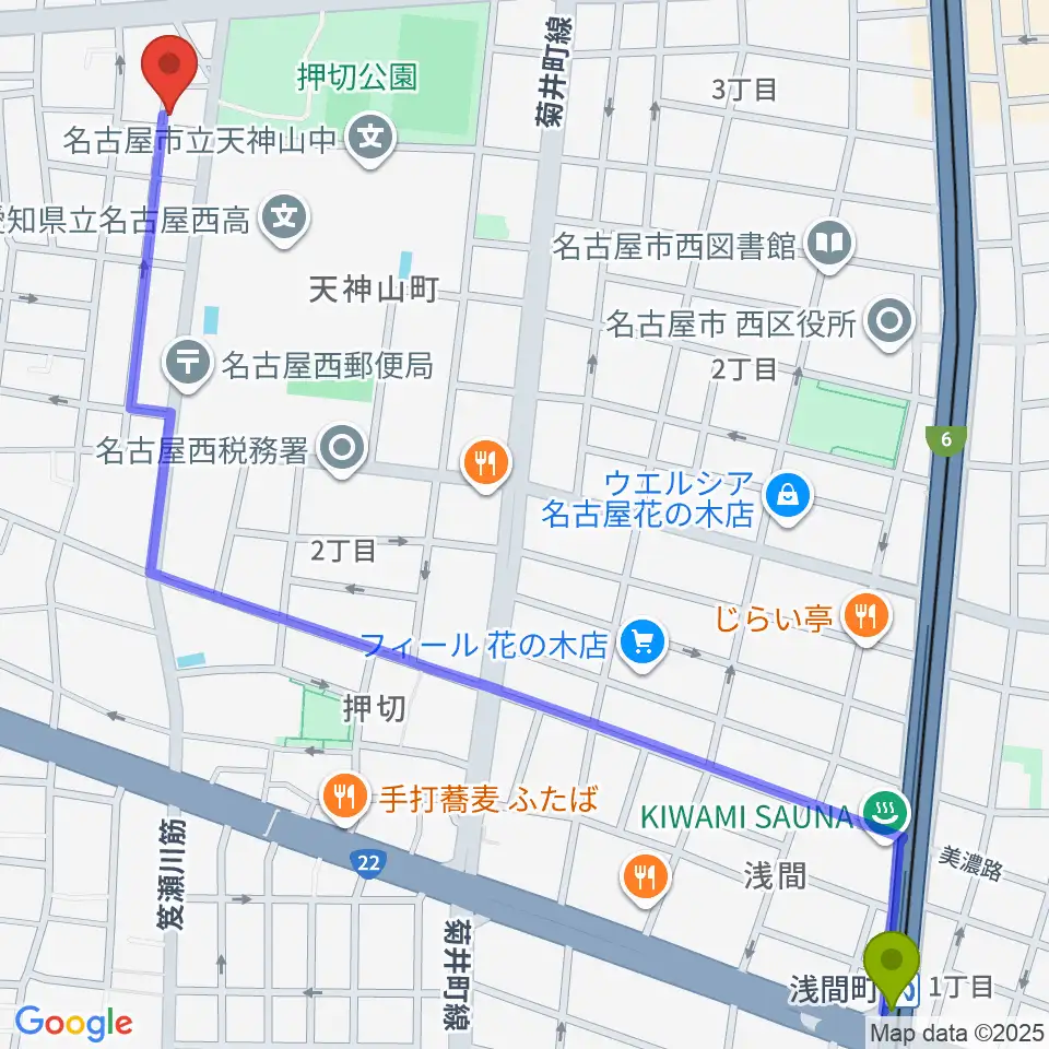 浅間町駅からスタジオ・リリタへのルートマップ地図