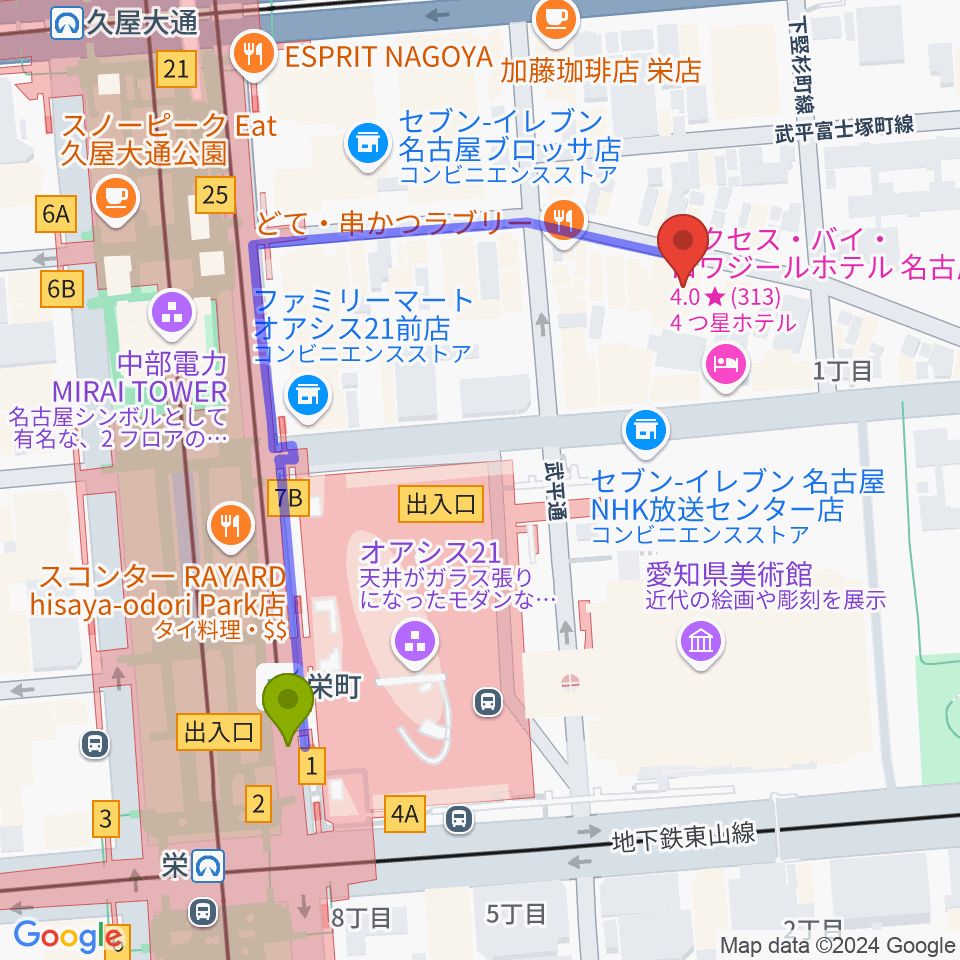 名古屋THE WIZの最寄駅栄町駅からの徒歩ルート（約5分）地図