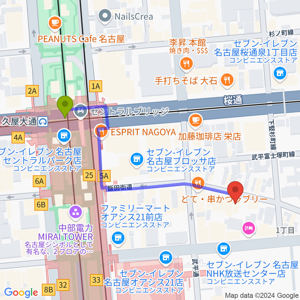 久屋大通駅から名古屋THE WIZへのルートマップ地図