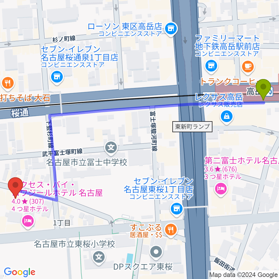 高岳駅から名古屋THE WIZへのルートマップ地図