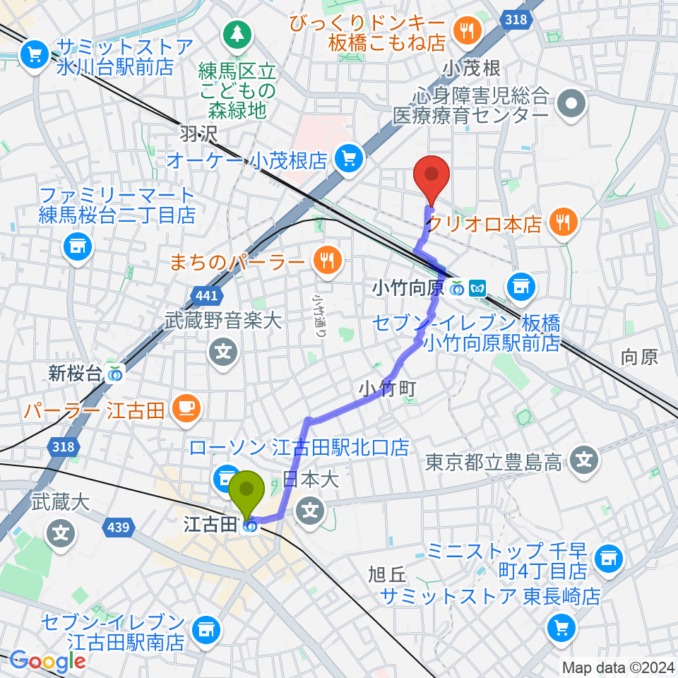 江古田駅から音楽教室ソラーレ小竹向原教室へのルートマップ地図