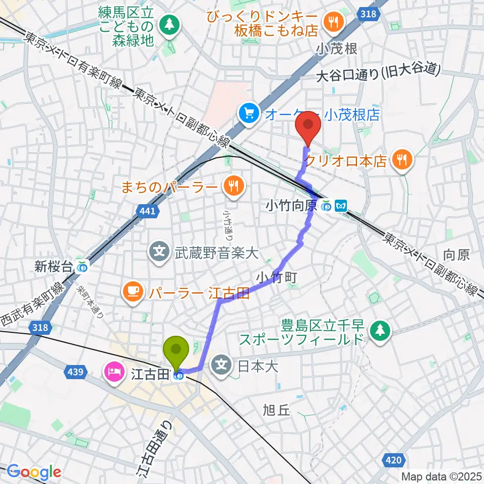 江古田駅から音楽教室ソラーレ小竹向原教室へのルートマップ地図